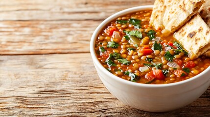 Aufkleber - Lentil soup with pita bread in a ceramic white bowl on a wooden background : Generative AI