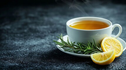 Aufkleber - Tea cup with rosemary honey and lemon Grey background Close up : Generative AI
