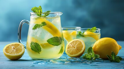 Poster - Lemonade lemon mint cocktail in glasses and jug Blue background Close up : Generative AI