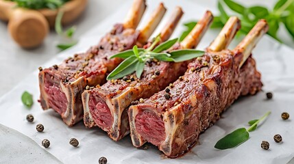 Poster - Raw meat mutton lamb rack with fresh herbs on a white paper background : Generative AI