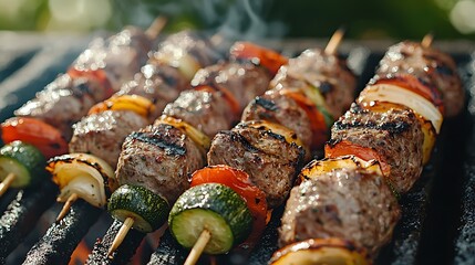 Poster - Kebab Traditional meat kebab with grilled vegetables Copy space : Generative AI