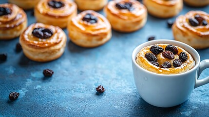 Poster - Fresh danish pastry with raisins with a cup of black coffee on blue table background Top view : Generative AI