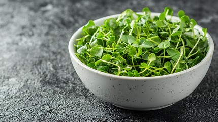 Poster - Micro herbs watercress salad in white bowl Grey background Close up Copy space : Generative AI