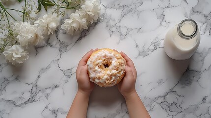 Poster - Kids hands holding a doughnut and bottle of milk Marble background Close up Top view : Generative AI