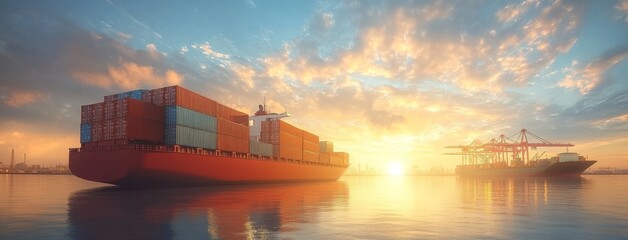 Large cargo ship carrying containers at sunset.