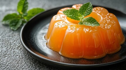 Wall Mural - Mango pudding jelly dessert on black plate Grey stone background Top view : Generative AI