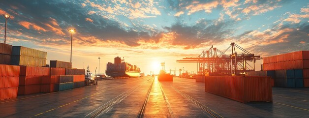 Cargo containers stacked at a shipyard with cranes at sunset.