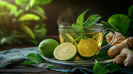 Aufkleber - Herbal green tea with lemongrass and ginger in glass cup with fresh limes on textile background : Generative AI