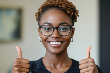 Young African American woman thumbs up in front of the camera