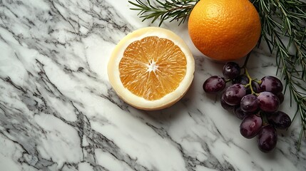 Poster - Cheese with washed orange rind and fresh grape Marble table background Top view Copy space : Generative AI