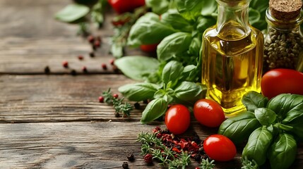 Poster - Assortment of fresh herbs olive oil and spices Wooden background Close up : Generative AI