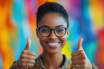 Young African American woman thumbs up in front of the camera