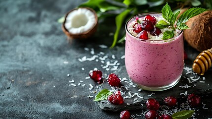 Poster - Cherry coconut milk yogurt and honey smoothie on a stone background : Generative AI