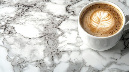 Poster - Coffee espresso in white cup of marble table background Copy space Close up : Generative AI