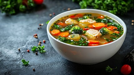 Aufkleber - Chicken soup with vegetables in white bowl Grey stone background Close up : Generative AI