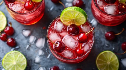 Aufkleber - Cold cherry Moscow Mules cocktail with ginger beer vodka lime Marble background Top view : Generative AI