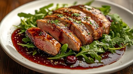 Aufkleber - Duck breast meat with fresh salad arugula and cherry sauce on a white plate : Generative AI