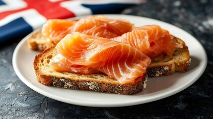 Poster - Sandwich toast with smoked salmon and cream cheese on white plate with Scottish flag Marble background Top view : Generative AI