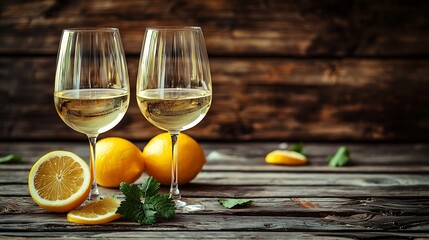 Poster - Two glasses with white wine on grey wooden background Copy space : Generative AI