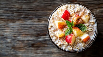Poster - Overnight oats bircher muesli with apple cinnamon and honey Wooden background Copy space : Generative AI