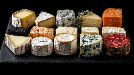 Poster - Cheese assortment blue cheese hard cheese soft cheese on a cutting board Slate black background Copy space : Generative AI