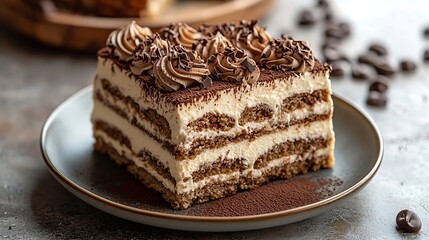 Poster - Tiramisu cake with chocolate decoration on a plate Grey stone background Copy space : Generative AI