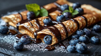 Poster - Crepes thin pancakes with chocolate sauce and fresh blueberries Grey background Close up : Generative AI