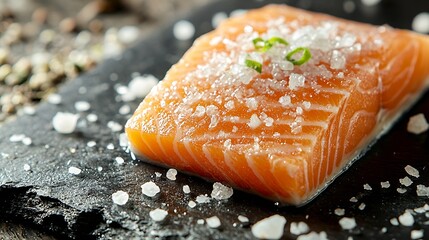 Poster - Salmon fillet with sea salt Grey slate background Close up : Generative AI