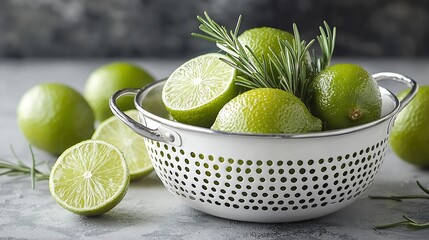 Poster - Fresh limes and rosemary springs in white enamel colander : Generative AI