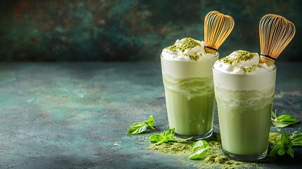Poster - Matcha green tea ice latte with matcha powder and bamboo whisk Copy space : Generative AI