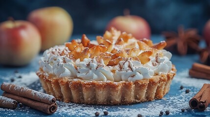 Poster - Apple pie with cream and cinnamon sticks on a blue background Selective focus : Generative AI