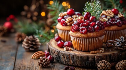 Poster - Muffins cakes with cranberry and pecan nuts Christmas decoration : Generative AI