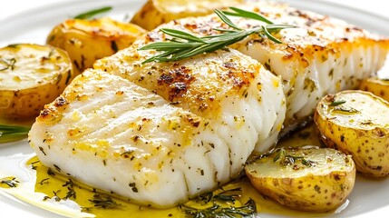 Aufkleber - Roasted cod codfish with baked potatoes and artichokes with lemon and herbs sauce on a white background Restaurant serving : Generative AI