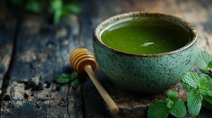 Aufkleber - Green tea in a ceramic bowl with honey on a wooden background Selective focus : Generative AI