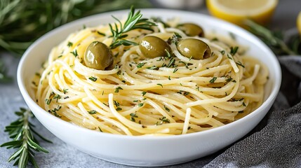 Poster - Spaghetti pasta with olives fresh herbs sauce in a white bowl Blue textile background : Generative AI