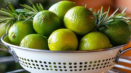 Poster - Fresh limes and rosemary springs in white enamel colander : Generative AI