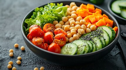Poster - Healthy vegetarian salad Buddha bowl Lentil chickpea carrot pumpkin tomatoes cucumber lettuce Close up : Generative AI