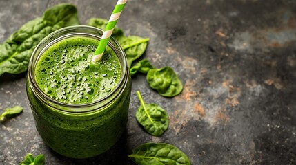 Poster - Spinach smoothie Healthy drink in glass jar on grey stone background Copy space : Generative AI