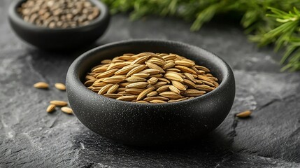 Poster - Cumin seed in black bowl Grey slate background Close up : Generative AI