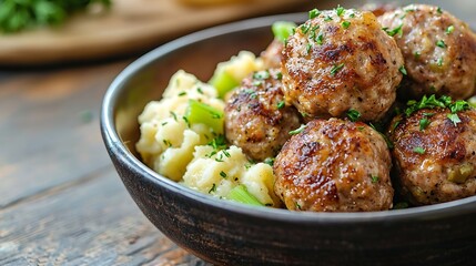 Poster - Meatballs duck meat with apple sauce and mashed celery potato on a wooden background : Generative AI