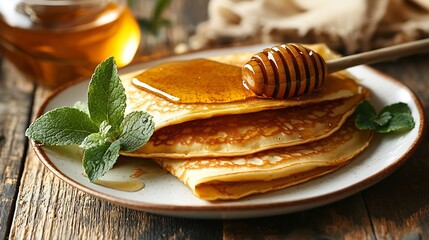 Poster - Crepes thin pancakes with honey on a white plate Close up : Generative AI