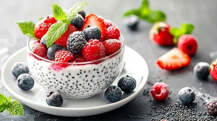 Poster - Chia seed pudding cheesecake custard dessert with fresh berries in a glass bowl on white plate Copy space : Generative AI