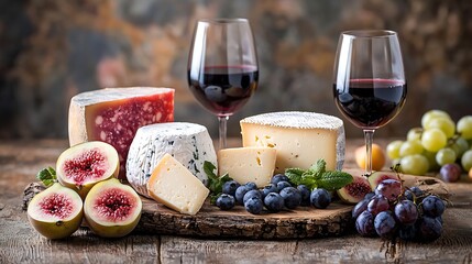 Poster - Cheese and fruits assortment on cutting board with red and white wine on wooden background Copy space : Generative AI