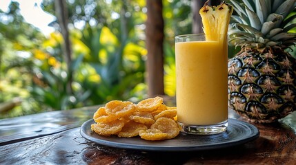 Poster - Glass of pineapple smoothie juice with dried dehydrated deep fried pineapple chips and fresh fruit on a outdoor tropical background : Generative AI