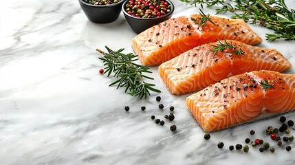 Poster - Salmon steaks fillet with herbs and spices White marble background Top view : Generative AI