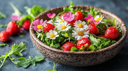 Poster - Fresh green salad with strawberries and edible flowers in a bowl Marble background Close up : Generative AI