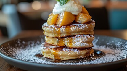 Poster - Buckwheat pancakes with poached apples and cream : Generative AI