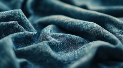 Soft blue denim fabric showcasing intricate textures and folds, perfect for fashion and textile design. rich color and detailed weave evoke sense of quality and style