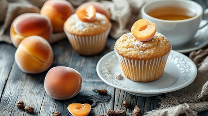 Wall Mural - Muffins peach fruit cupcakes with cup of tea Blue wooden background Close up : Generative AI