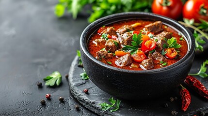 Aufkleber - Goulash beef tomato pepper chili smoked paprika soup Traditional Hungarian dish : Generative AI